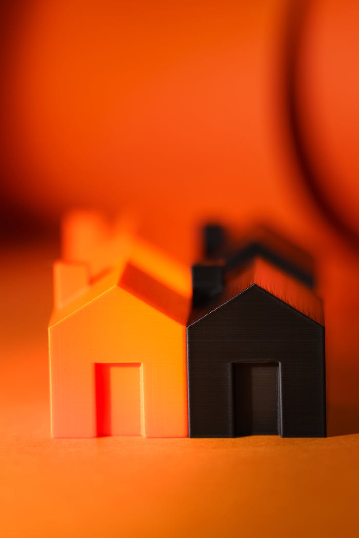 Vibrant and contrasting orange and black miniature house models symbolizing real estate concepts.